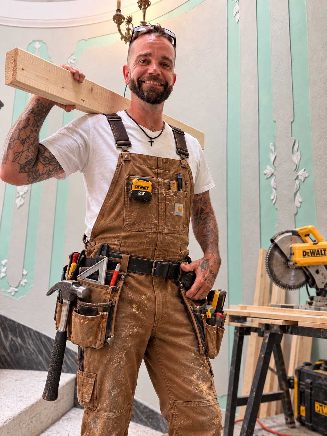 J.D. Adams in work overalls carrying lumber with his carpentry tools