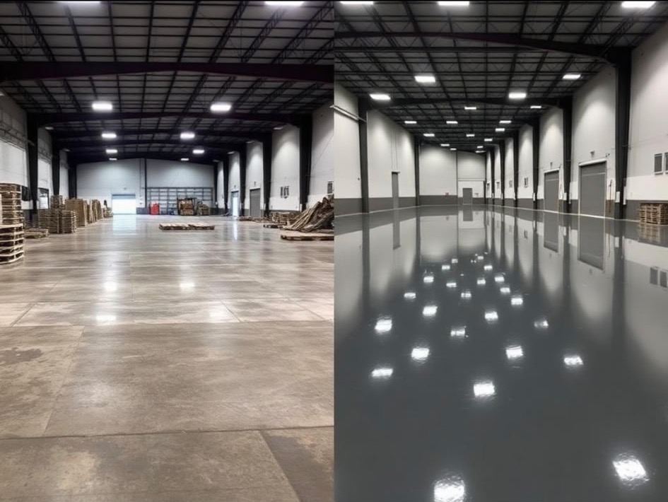 Side-by-side before and after view of a large commercial floor with a high-gloss coating