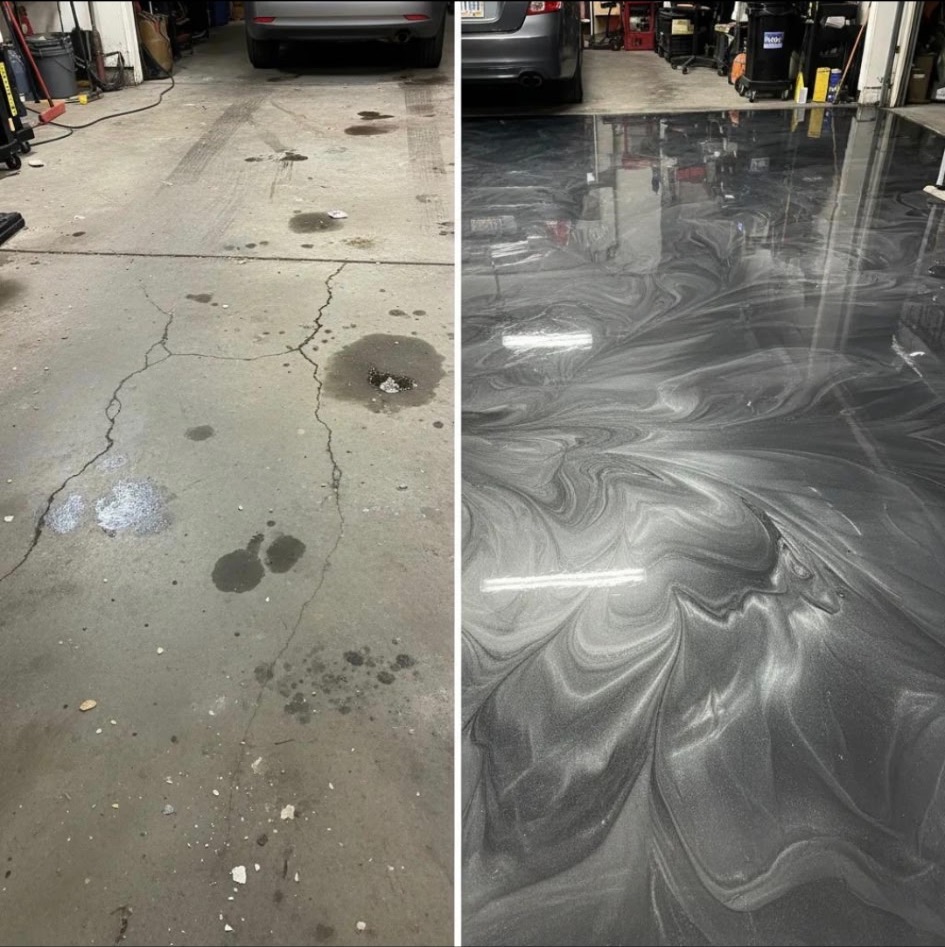 Side-by-side before and after view of a garage floor refinished in charcoal metallic resin