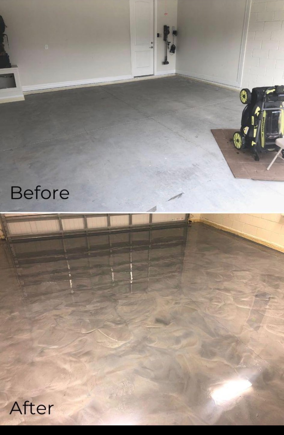 Before and after view of a residential garage floor refinished in gray metallic resin